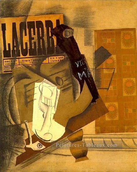 Pipe verre journal guitare bouteille vieux marc Lacerba 1914 cubiste Pablo Picasso Peintures à l'huile